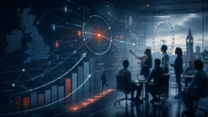 Corporate strategy meeting with data visualization